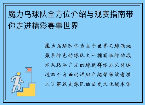 魔力鸟球队全方位介绍与观赛指南带你走进精彩赛事世界 魔力鸟球队全方位介绍与观赛指南带你走进精彩赛事世界