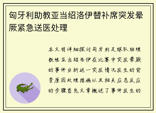 匈牙利助教亚当绍洛伊替补席突发晕厥紧急送医处理