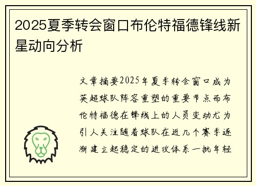 2025夏季转会窗口布伦特福德锋线新星动向分析