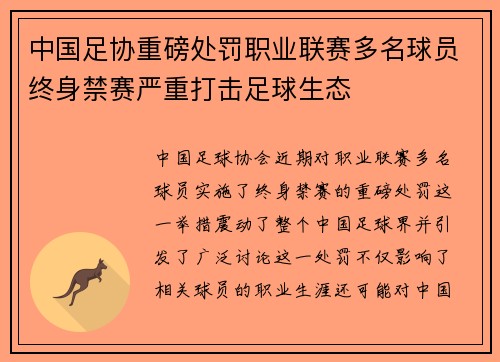 中国足协重磅处罚职业联赛多名球员终身禁赛严重打击足球生态